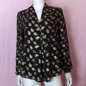 Michael Kors Black and Gold Metallic Paisley Print Long Sleeve V Neck Blouse S